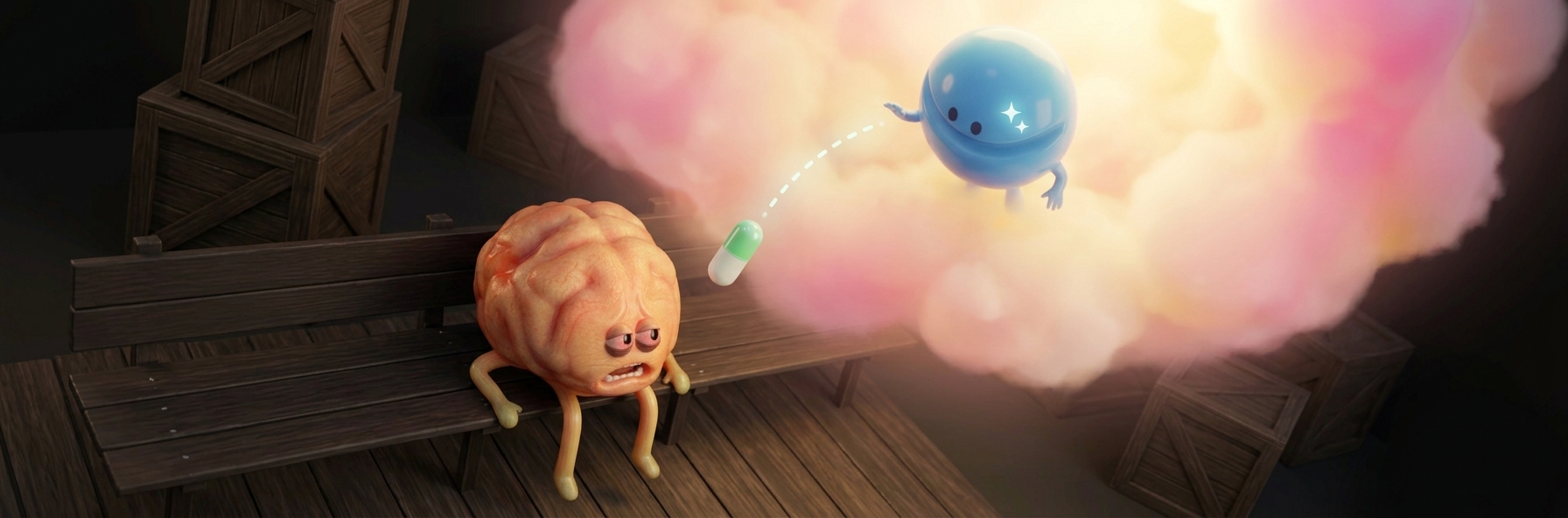 AngstiFun descending from a glowing cloud, launching a capsule down toward a very anxious brain sitting on a bench