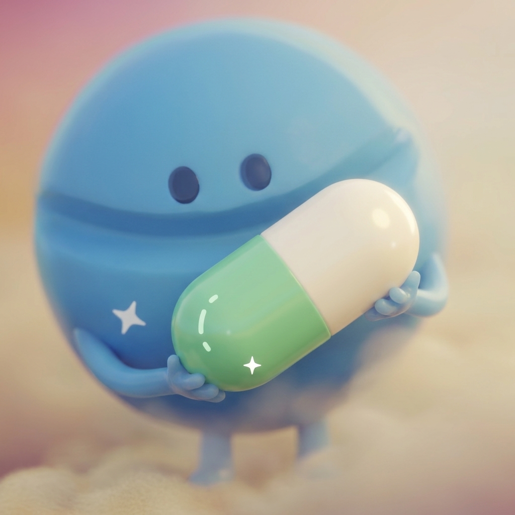 AngstiFun, a small blue courier spirit, holding a glowing green-and-white pump capsule